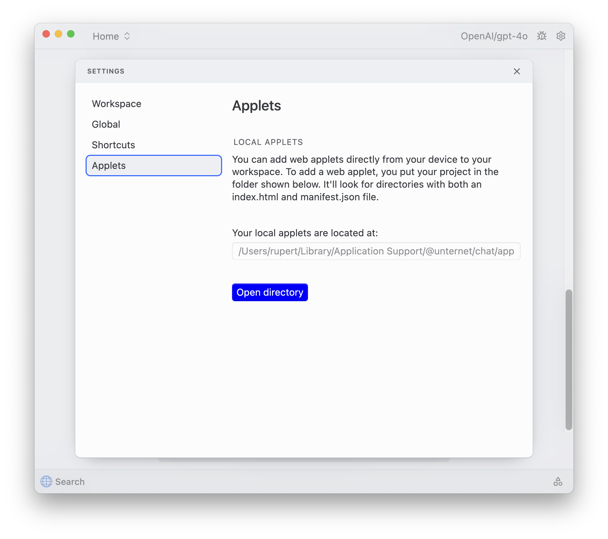 A settings page for adding local applets