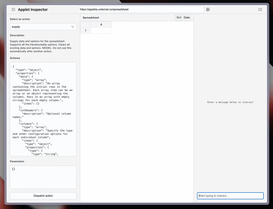 A spreadsheet applet filling out cells in response to natural language queries, in the Inspector